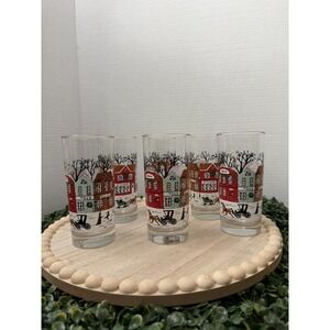 6 - Libbey Winter Village Christmas Street Scene Tumblers Glasses Gold Rim